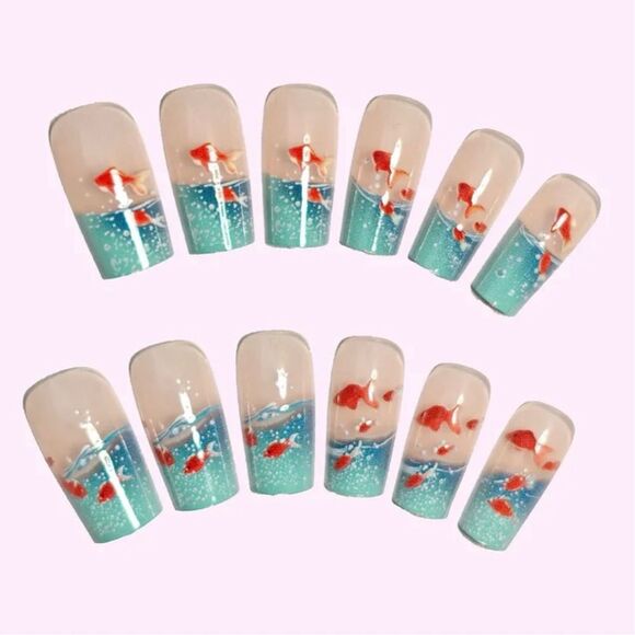 24pcs Square Press On Nails Goldfish Aquarium Theme - Picture 4 of 5